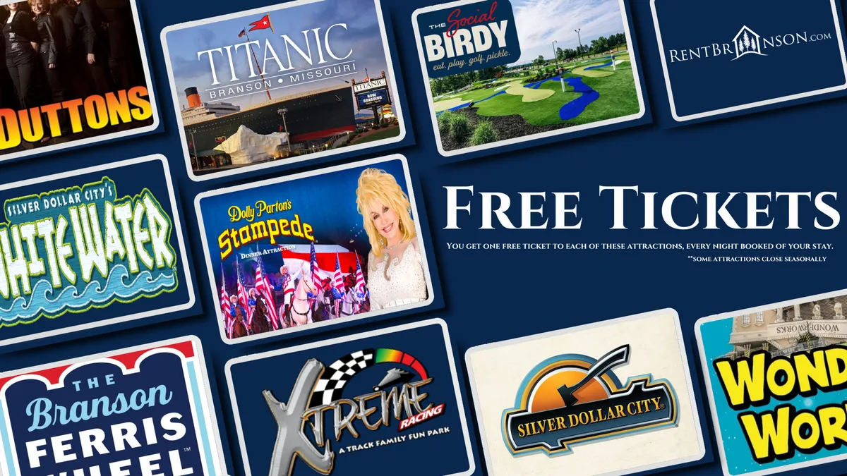 An interior shot featuring attraction tickets with colorful graphics and promotional material for Branson attractions. The arrangement suggests exciting day trips and a sense of anticipation for family outings, entertainment, and exploration.