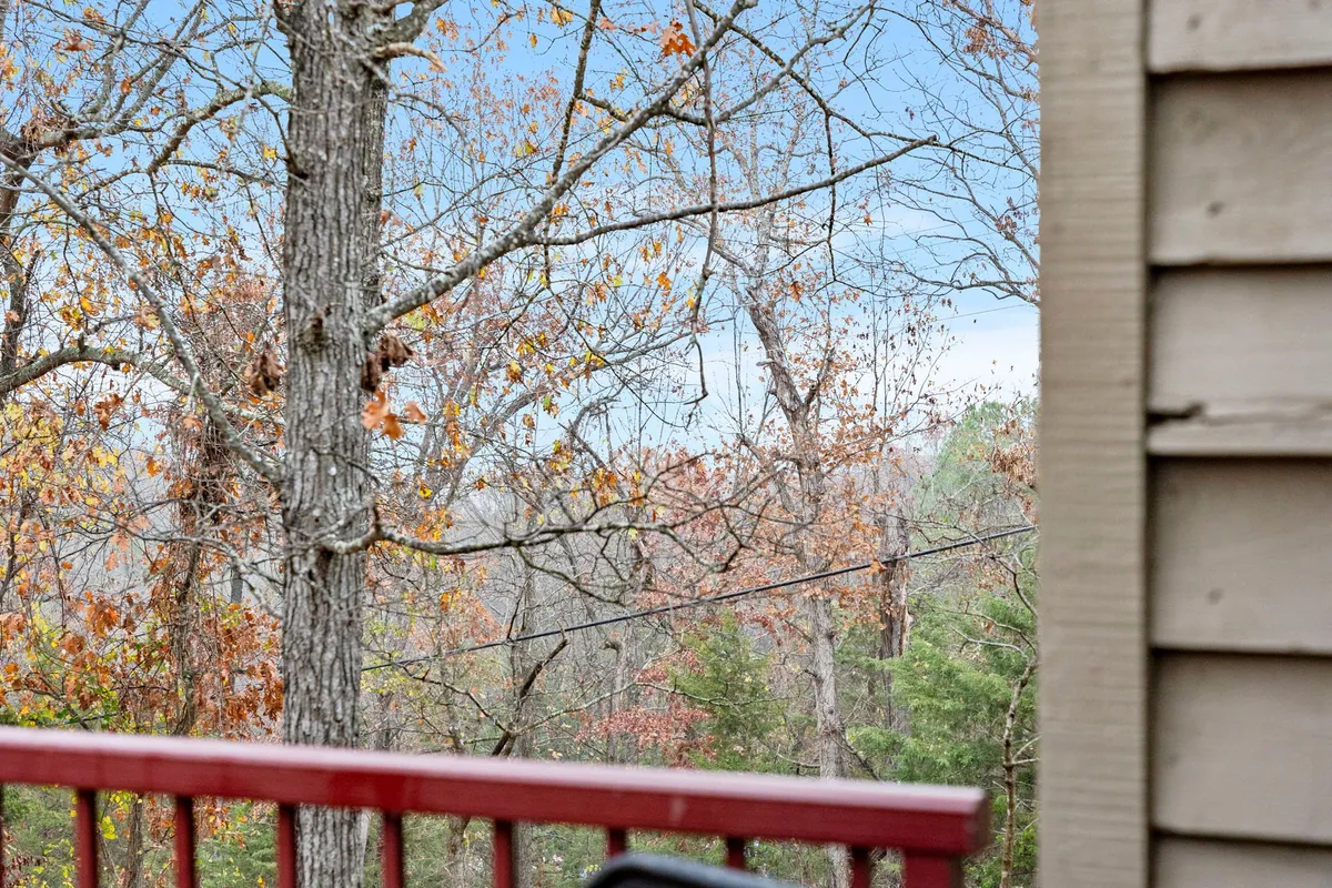 This image features a peaceful view of trees adorned with autumn leaves and a distant landscape, evoking a tranquil, secluded atmosphere. The perspective suggests the serenity one might experience while enjoying a morning coffee or unwinding in the evening on a private balcony.